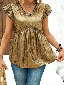 Clasi Camisa casual de manga corta con encaje en V para mujer en primavera y verano