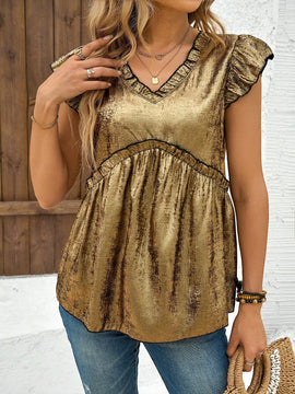 Clasi Camisa casual de manga corta con encaje en V para mujer en primavera y verano