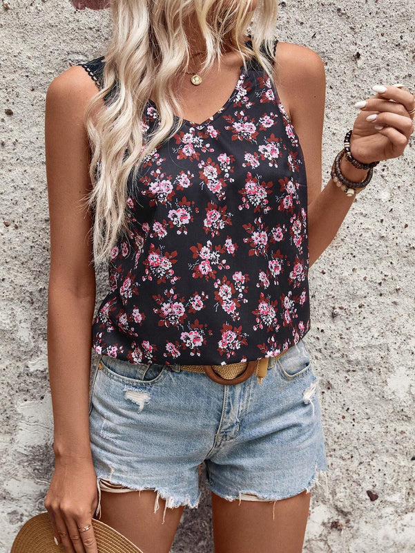 Mujeres camisa suelta sin mangas con estilo de vacaciones de verano, con encaje de retazos y estampado floral