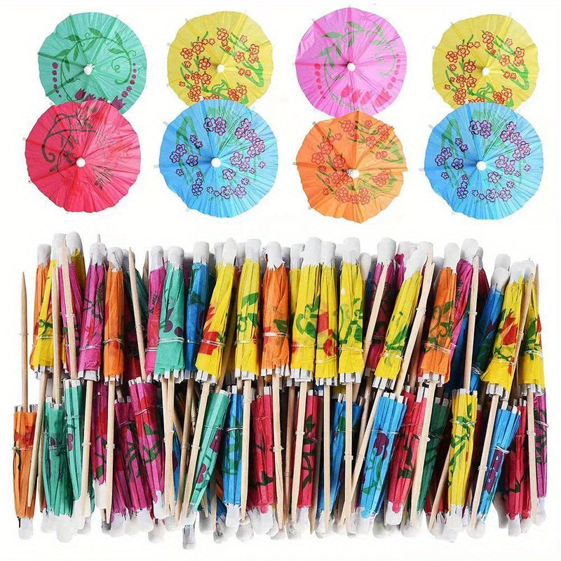 100/200 unidades Accesorios de bebidas de cóctel de bambú, piña de playa Tucán hoja de palma hecha a mano, con sombrilla de bambú para pinchos de cóctel, para aperitivos, fiestas hawaianas, bodas y cumpleaños
