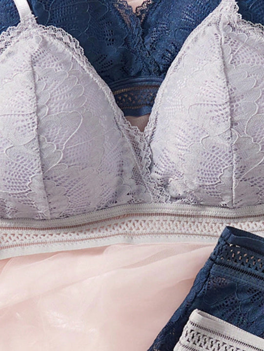 Conjunto de ropa interior de sujetador inalambrico de encaje de flores comodo para mujeres, 2 juegos