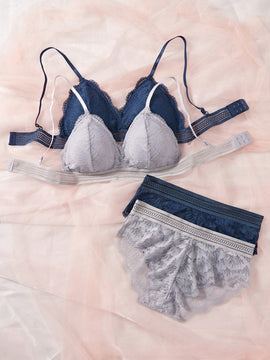 Conjunto de ropa interior de Brasier inalambrico de encaje de flores comodo para mujeres, 2 juegos
