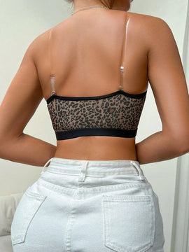 Sujetador sin tirantes para mujer con estampado de leopardo y hebilla frontal con tiras transparentes removibles