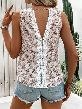 LUNE Blusa sin mangas holgada de encaje y detalle floral y parches, ideal para vacaciones de verano para mujeres