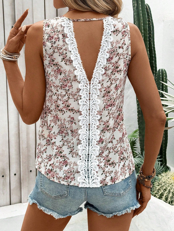 LUNE Blusa sin mangas holgada de encaje y detalle floral y parches, ideal para vacaciones de verano para mujeres