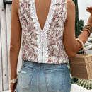 LUNE Blusa sin mangas holgada de encaje y detalle floral y parches, ideal para vacaciones de verano para mujeres