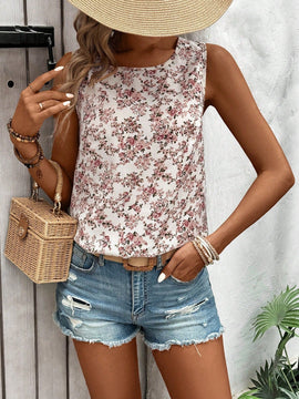 LUNE Blusa sin mangas holgada de encaje y detalle floral y parches, ideal para vacaciones de verano para mujeres