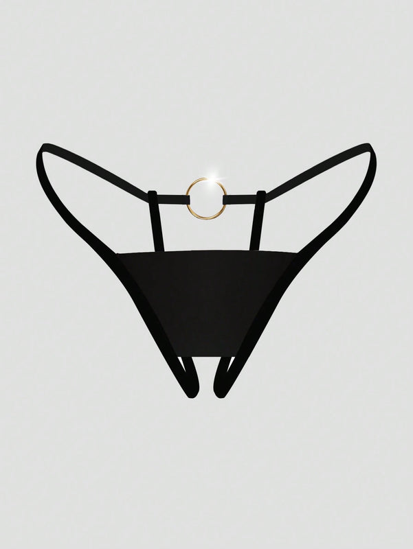 Ropa interior sexy sin costuras de aro grande de metal dorado para mujer con entrepierna abierta