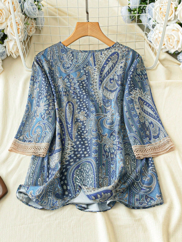 EMERY ROSE Camisa casual suelta de verano para mujer con estampado floral, encaje y cuello en V para vacaciones