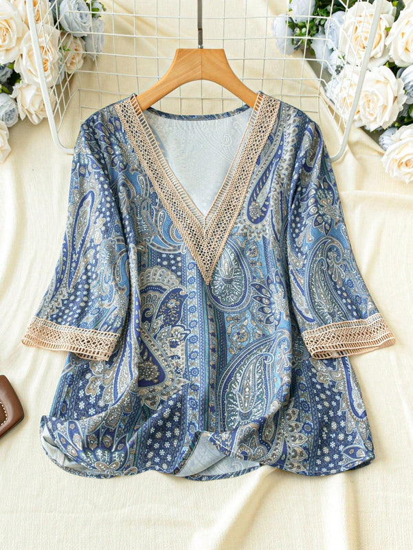 EMERY ROSE Camisa casual suelta de verano para mujer con estampado floral, encaje y cuello en V para vacaciones