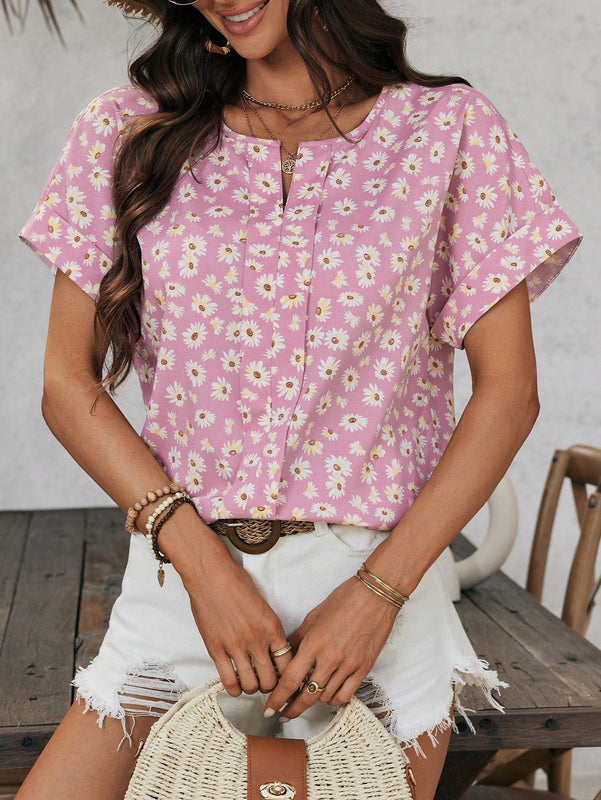 LUNE Camisa de mujer rosa impresa con romanticos crisantemos para verano
