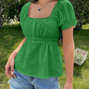 WYWH Camisa de manga abultada con cinturon y detalles de encaje en la cintura, en unicolor, para la primavera y el verano