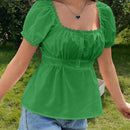 WYWH Camisa de manga abultada con cinturon y detalles de encaje en la cintura, en unicolor, para la primavera y el verano