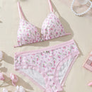 Conjunto De Sujetador Sin Alambre Y Panty Triangular Con Estampado Floral Y Encaje Para Mujer