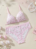Conjunto De Sujetador Sin Alambre Y Panty Triangular Con Estampado Floral Y Encaje Para Mujer