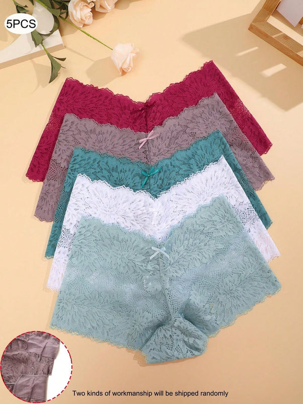 FINETOO Conjunto de 5 bragas de encaje para mujer con detalles de lazo y estampado floral de lazo