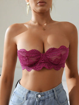 Sujetador sin tirantes de encaje de unicolor para mujer con tirantes ajustables