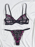 Conjunto de lenceria sexy negro bordado de 2 piezas para mujer