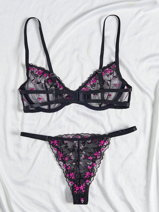 Conjunto de lenceria sexy negro bordado de 2 piezas para mujer