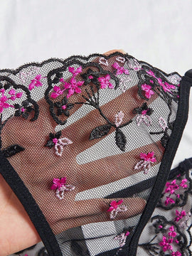 Conjunto de lenceria sexy negro bordado de 2 piezas para mujer