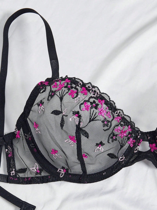 Conjunto de lenceria sexy negro bordado de 2 piezas para mujer