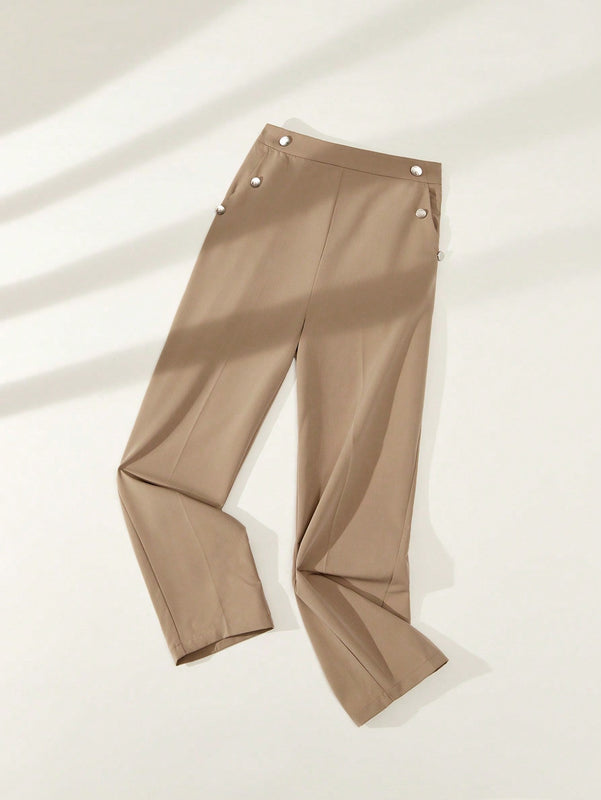 BIZwear Pantalones casuales rectos de unicolor para mujer con bolsillos