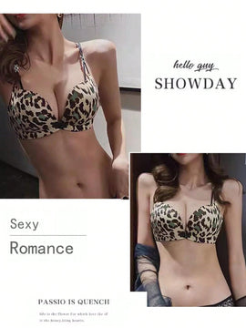Sujetador Push Up Sexy Con Cierre Frontal Y Espalda Para Mujer Con Estampado De Leopardo Y Ribete De Encaje Para Control Del Busto