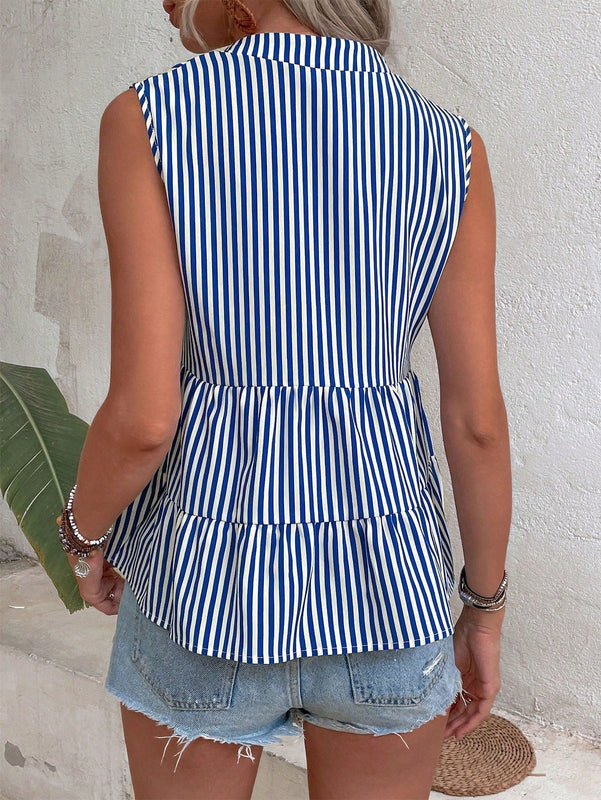 VCAY Camisa sin mangas de rayas y estampado floral para vacaciones de mujeres con cuello acanalado