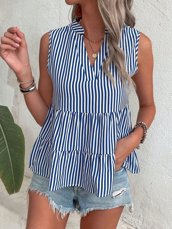 VCAY Camisa sin mangas de rayas y estampado floral para vacaciones de mujeres con cuello acanalado