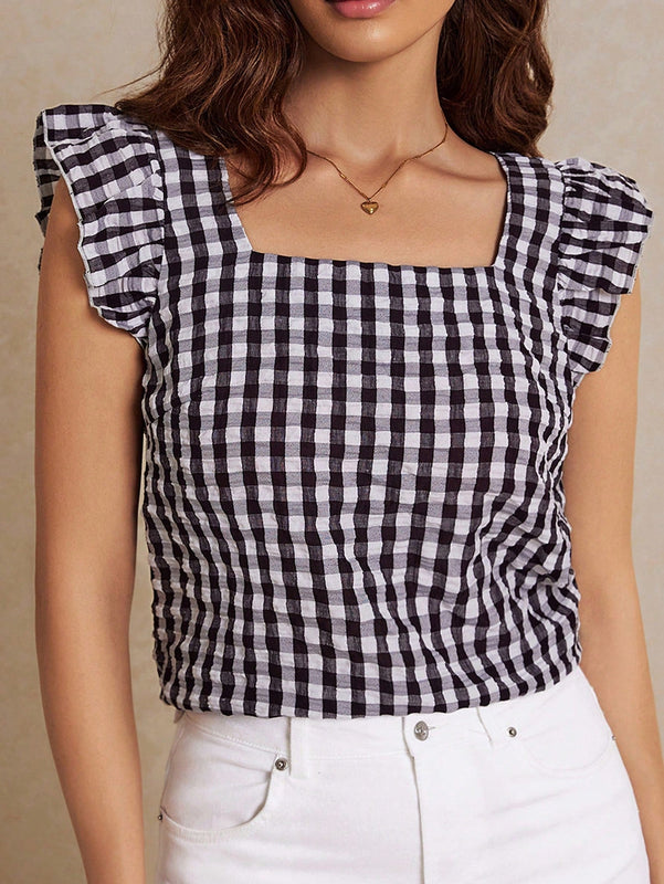 Frenchy Blusa de manga de mariposa con cuello cuadrado y cuadros blancos y negros, tela de madras de verano, estilo frances