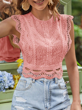 Frenchy Camisa blanca de manga corta de encaje con botones para mujeres, ideal para verano y vacaciones en la playa