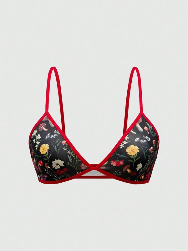NEW ROMWE Fairycore Sujetador inalambrico con bordes en contraste, con estampado floral y de setas