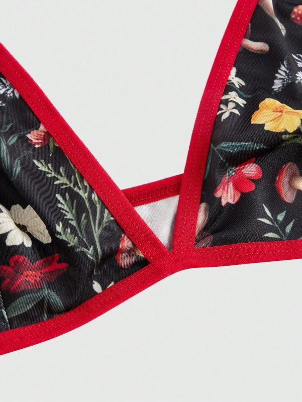 NEW ROMWE Fairycore Sujetador inalambrico con bordes en contraste, con estampado floral y de setas