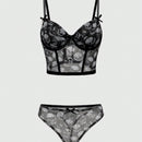 ROMWE Goth Conjunto de ropa interior de mujer gotico impreso con calaveras y soporte de alambre