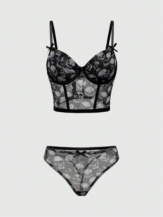 ROMWE Goth Conjunto de ropa interior de mujer gotico impreso con calaveras y soporte de alambre