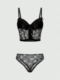 ROMWE Goth Conjunto de ropa interior de mujer gotico impreso con calaveras y soporte de alambre