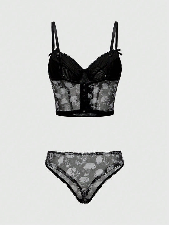 ROMWE Goth Conjunto de ropa interior de mujer gotico impreso con calaveras y soporte de alambre