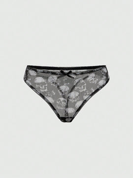 ROMWE Goth Conjunto de ropa interior de mujer gotico impreso con calaveras y soporte de alambre