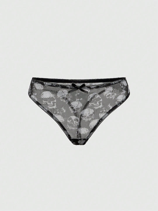 ROMWE Goth Conjunto de ropa interior de mujer gotico impreso con calaveras y soporte de alambre