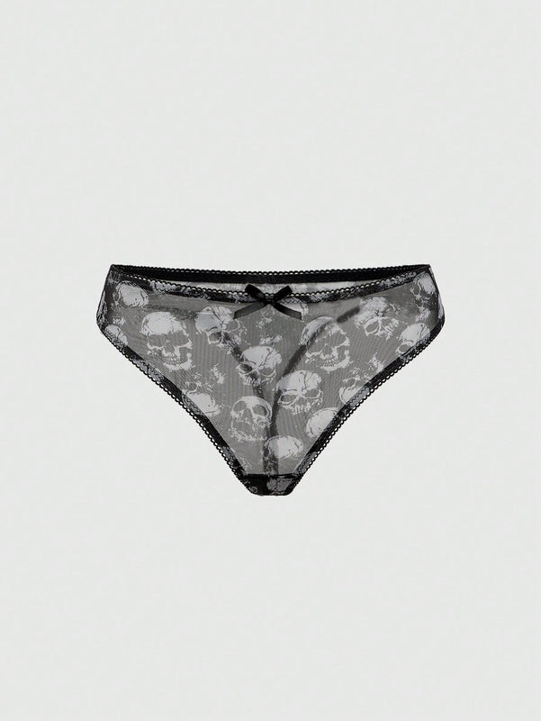 ROMWE Goth Conjunto de ropa interior de mujer gotico impreso con calaveras y soporte de alambre