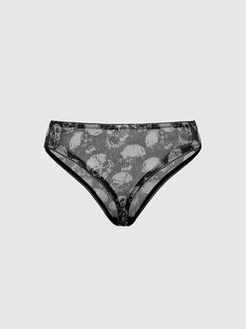 ROMWE Goth Conjunto de ropa interior de mujer gotico impreso con calaveras y soporte de alambre