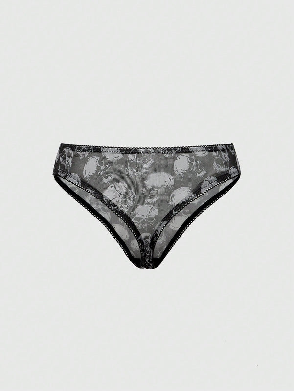 ROMWE Goth Conjunto de ropa interior de mujer gotico impreso con calaveras y soporte de alambre