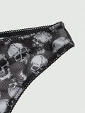 ROMWE Goth Conjunto de ropa interior de mujer gotico impreso con calaveras y soporte de alambre
