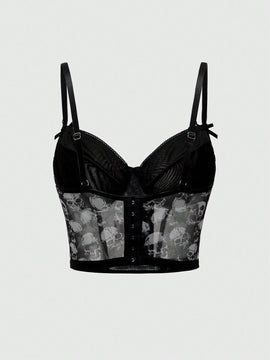 ROMWE Goth Conjunto de ropa interior de mujer gotico impreso con calaveras y soporte de alambre