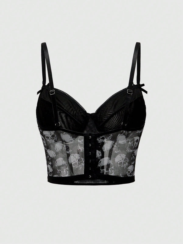 ROMWE Goth Conjunto de ropa interior de mujer gotico impreso con calaveras y soporte de alambre