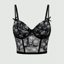 ROMWE Goth Conjunto de ropa interior de mujer gotico impreso con calaveras y soporte de alambre