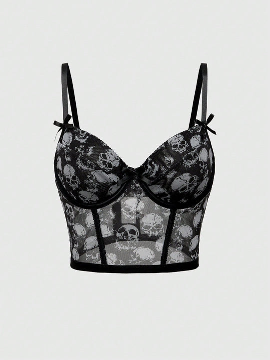 ROMWE Goth Conjunto de ropa interior de mujer gotico impreso con calaveras y soporte de alambre