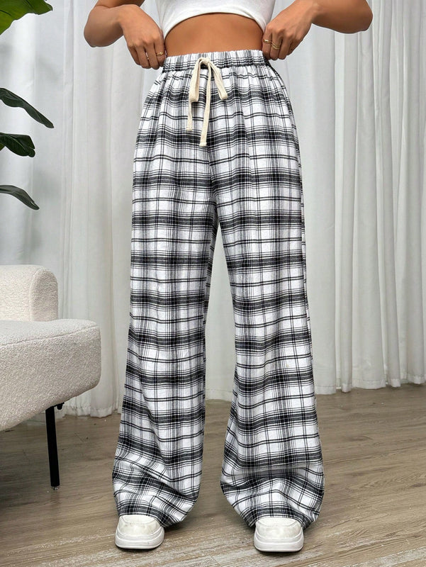 Essnce pantalones rectos y holgados con cintura de cordon a cuadros para mujer