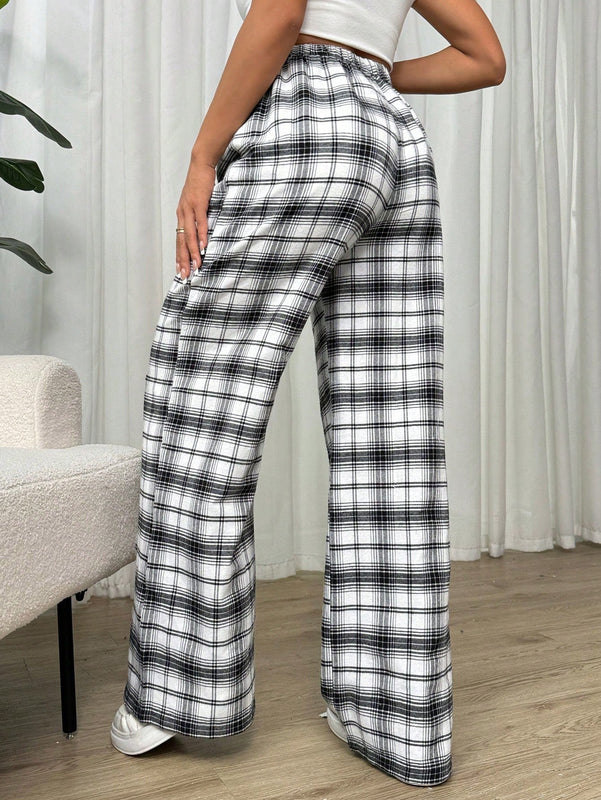 Essnce pantalones rectos y holgados con cintura de cordon a cuadros para mujer