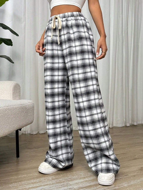 Essnce pantalones rectos y holgados con cintura de cordon a cuadros para mujer